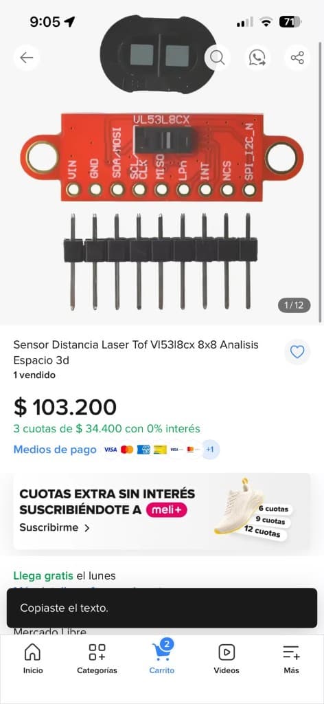 Listado Mercado Libre del VL53L8CX